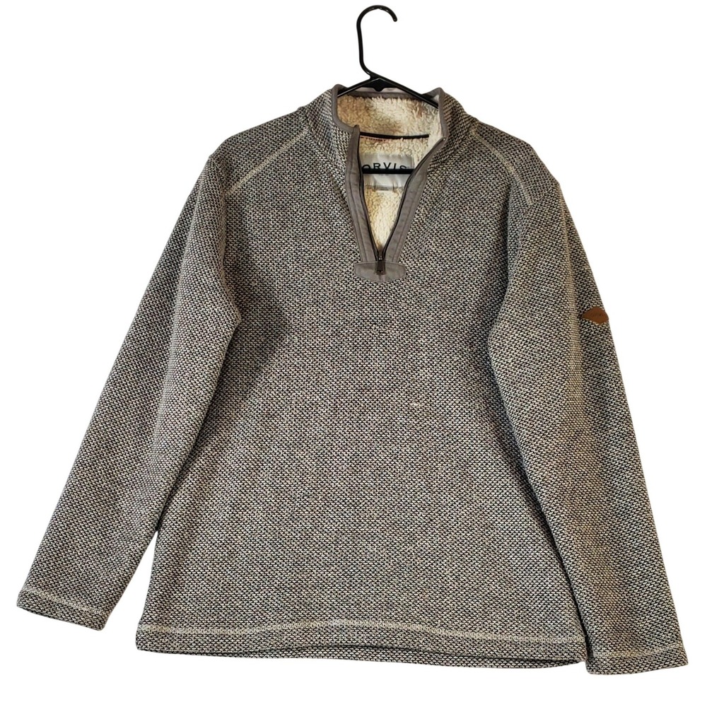 Orvis Mens Sherpa Lined Quarter Zip Pullover Sweater Grey Knit‎ Size Medium